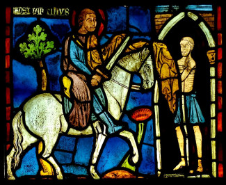 St. Martin teilt seinen Mantel. Glasmalerei, Region Paris (Kirche von Varennes oder Abtei von Gercy), ca. 1230